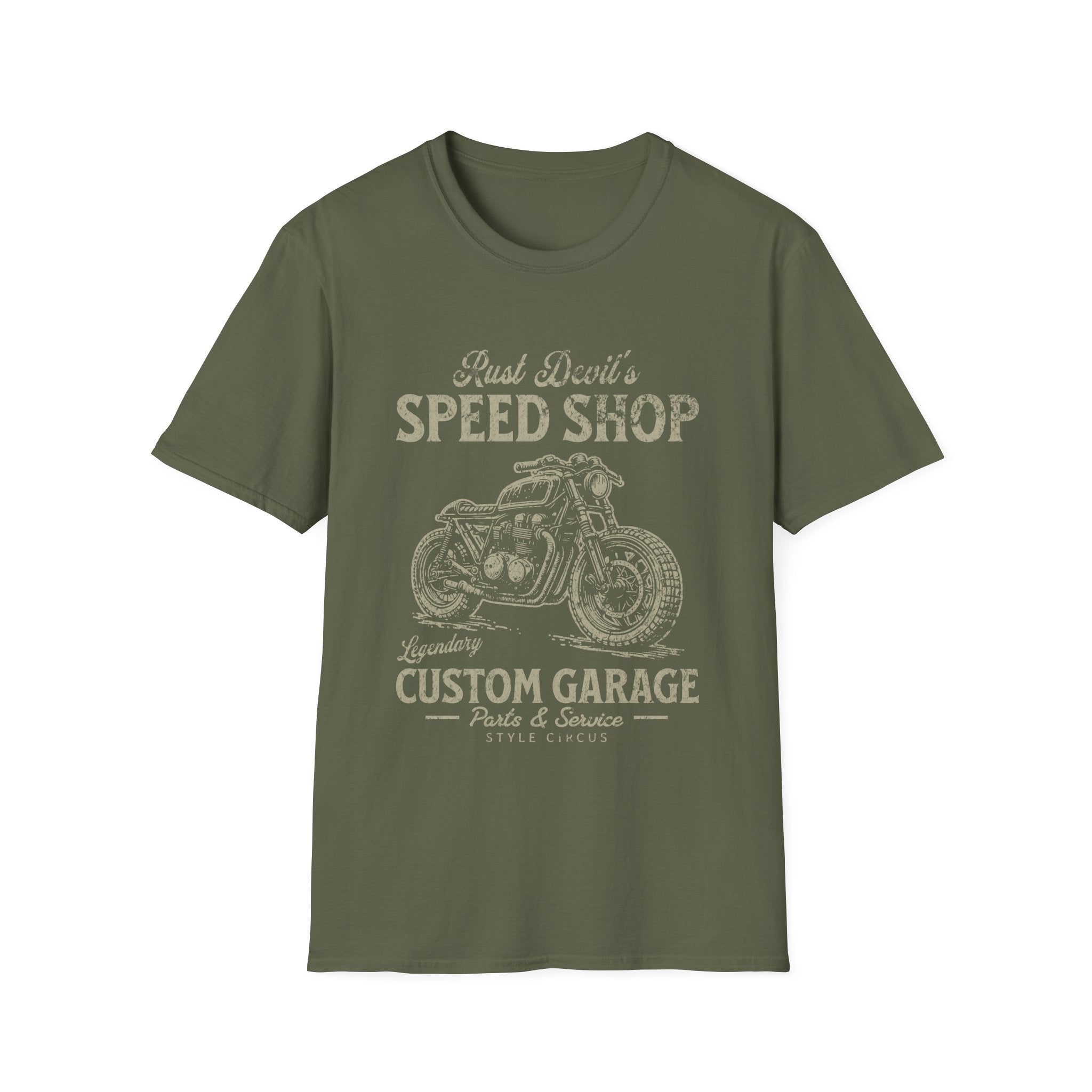 Rust Devil's Motorcycle Garage Custom T-Shirt - Style Circus