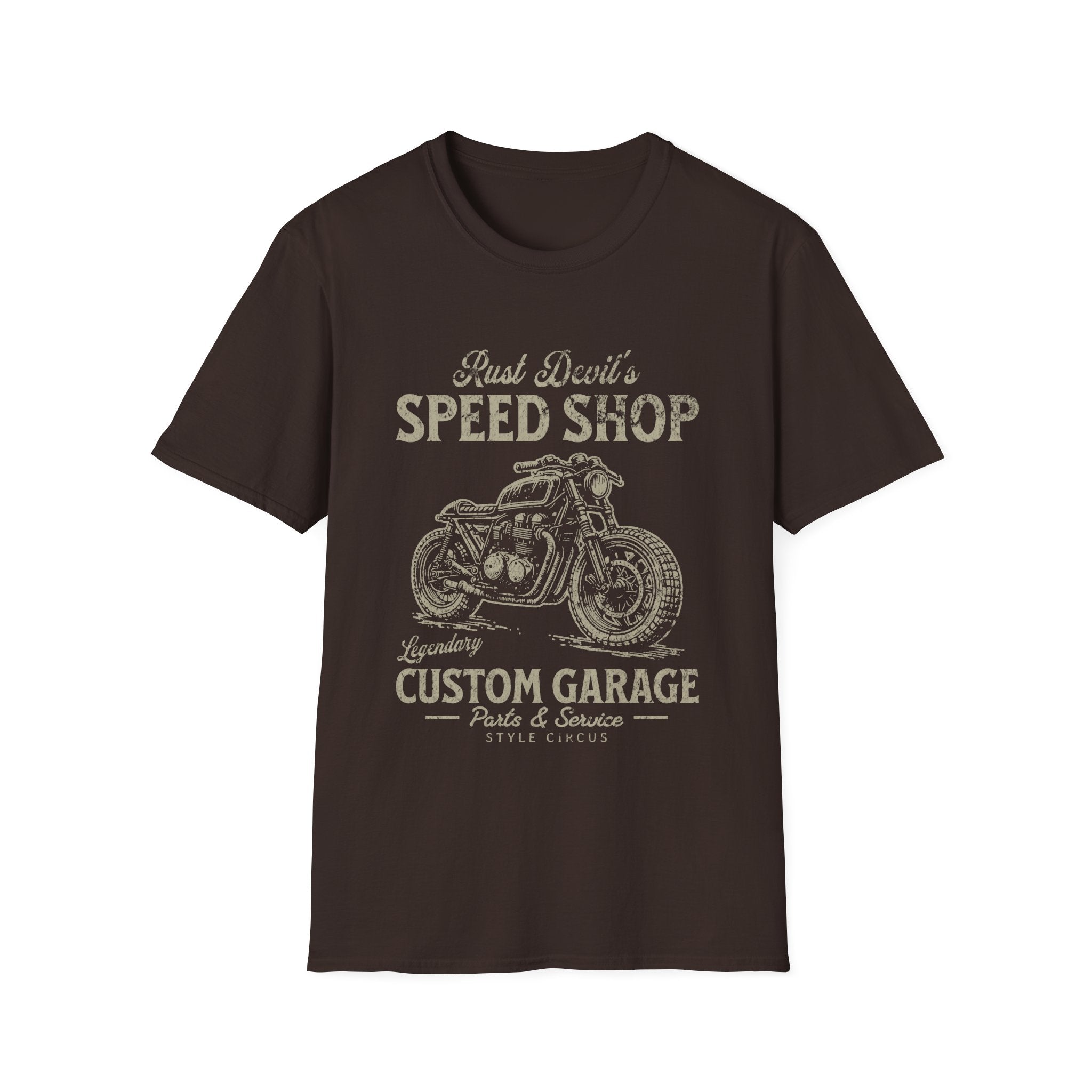 Rust Devil's Motorcycle Garage Custom T-Shirt - Style Circus